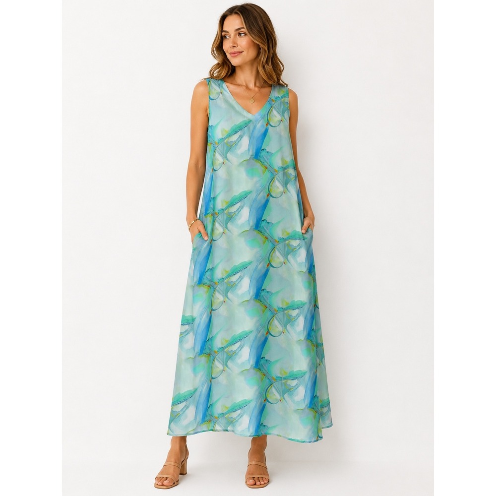 APNY Maxi Dress Large‎ Blue Green Abstract Watercolor V-Neck Sleeveless Pockets